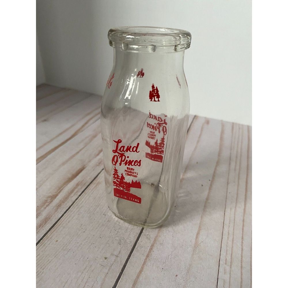 Vintage Land O'Pines Dairy Milk Bottle Half Pint Pyroglaze Lufkin, TX